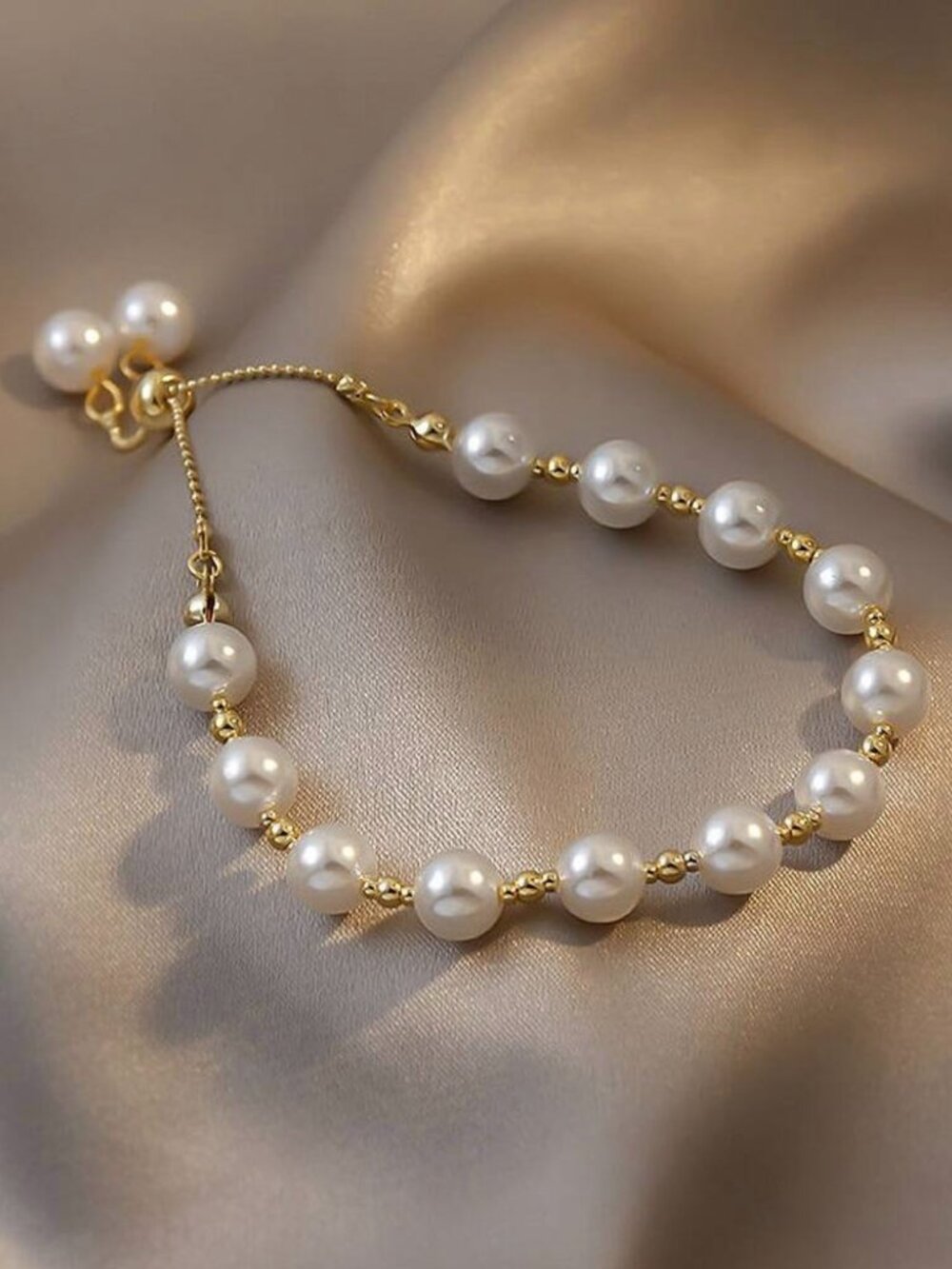 Gold Tone Pearl Beaded Adjustable Bracelet